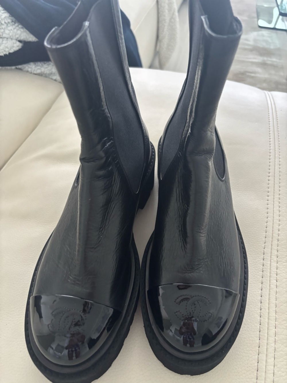 CHANEL Black Patent Cap-Toe Leather Ankle Booties